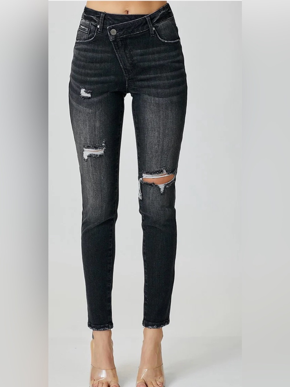 NWT Risen Black Distressed Crossover Waist Jeans